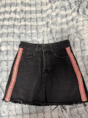 Black Denim Mini High Waisted Skirt with Red & White Side Stripes